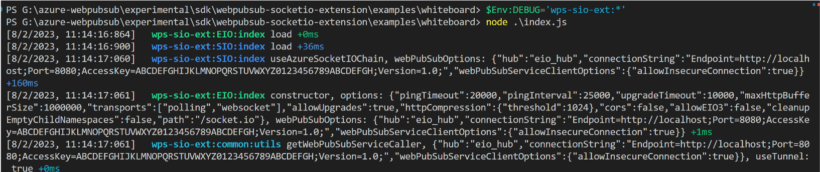 Screenshot of logging information from DEBUG JavaScript utility