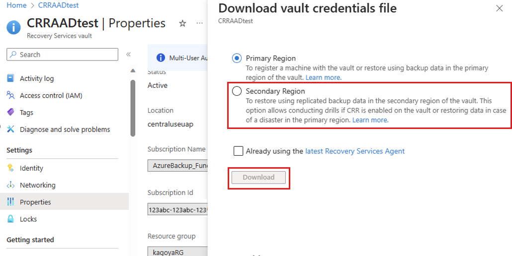 Screenshot shows how to download vault credentials for secondary region.