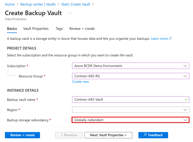 Screenshot shows how to enable the Backup Storage Redundance parameter.