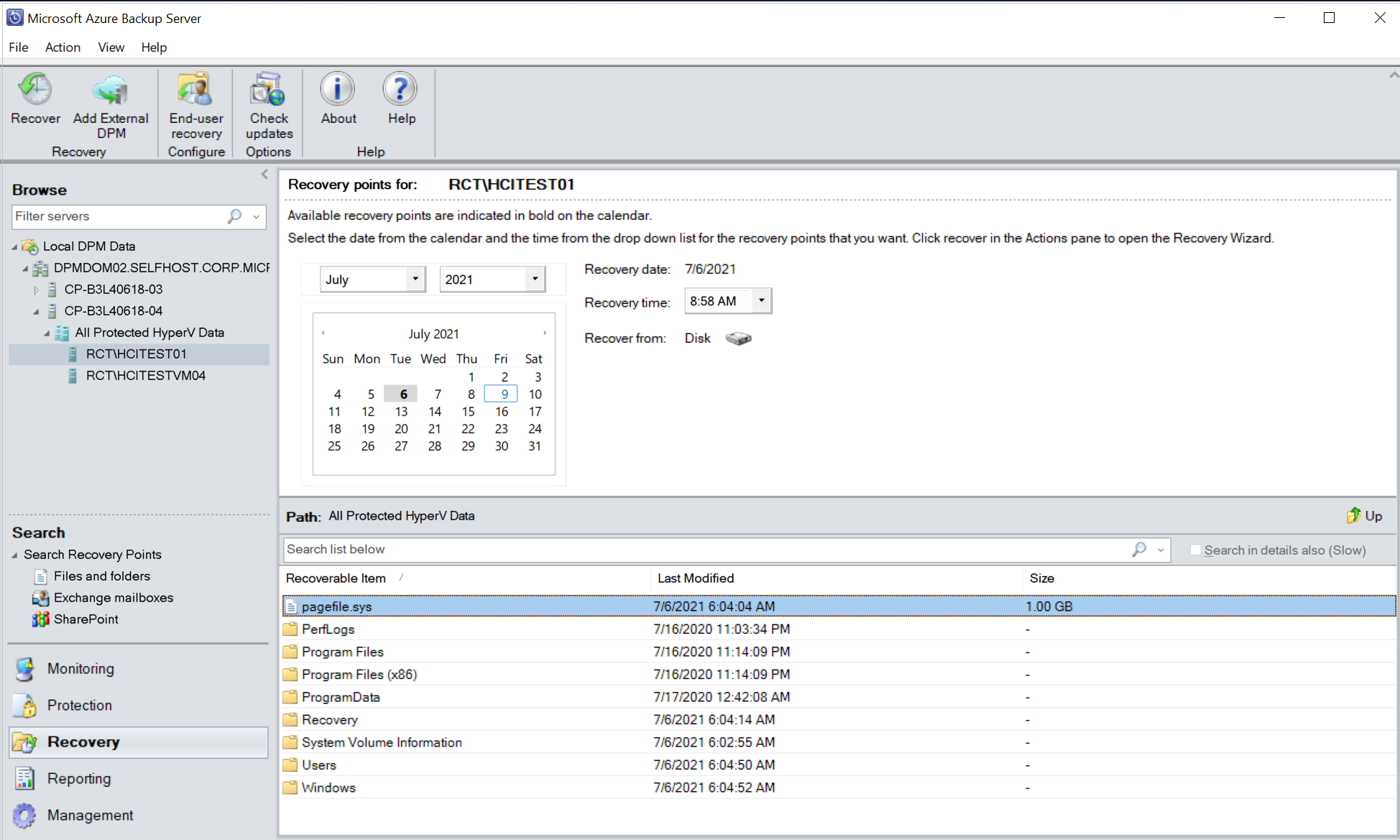 Screenshot shows how to review Recovery Selection in Hyper-v VM.