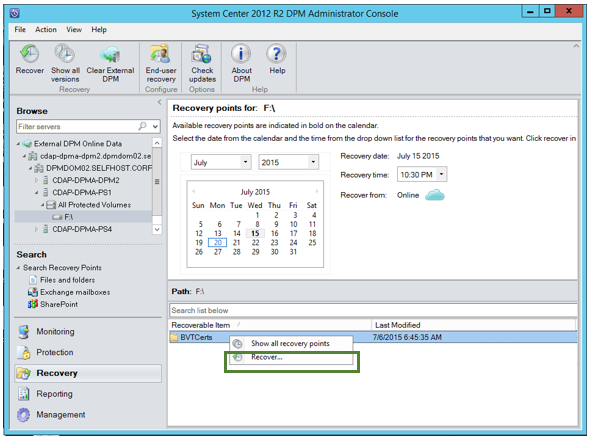 Screenshot shows how to start external DPM recovery.