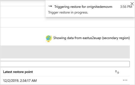 Screenshot that shows a 'Trigger restore in progress' notification.