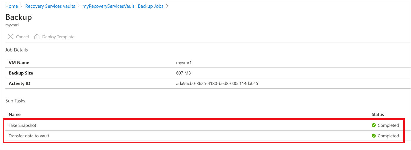 Screenshot showing backup job status sub-tasks.
