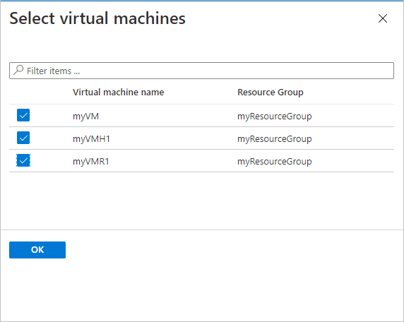 "Select virtual machines" pane