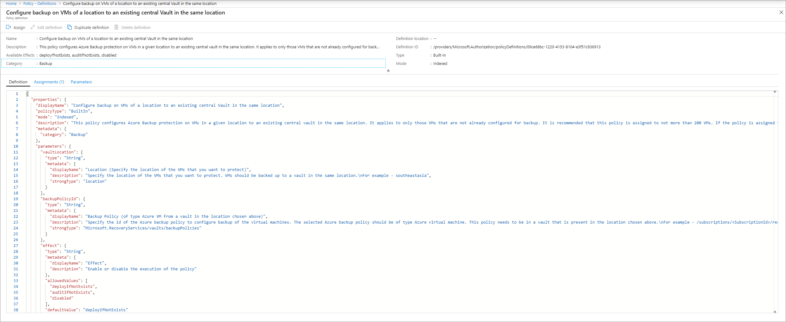 Screenshot showing the Policy Definition pane.