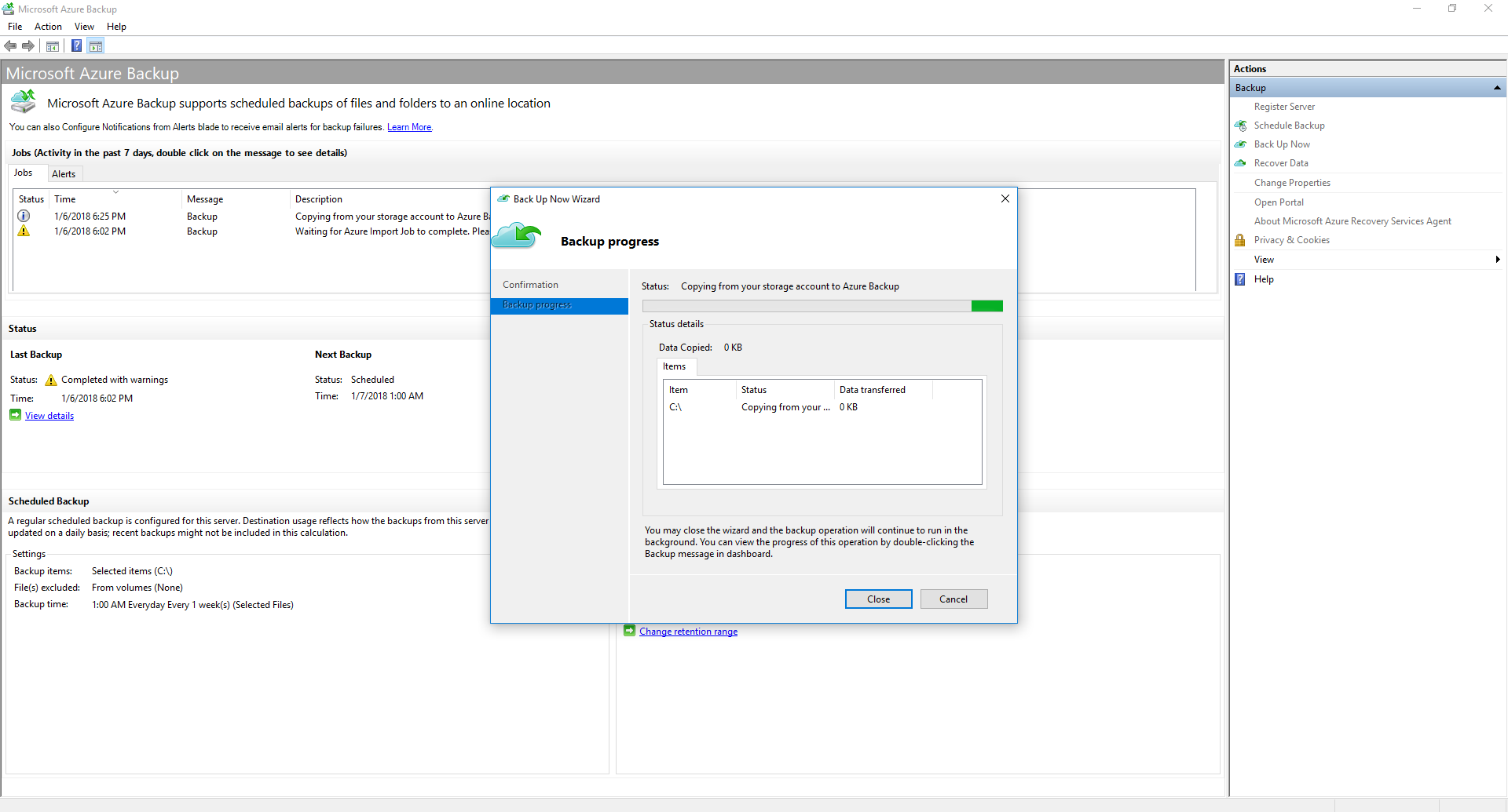 Screenshot shows how to copy data to Recovery Services vault.