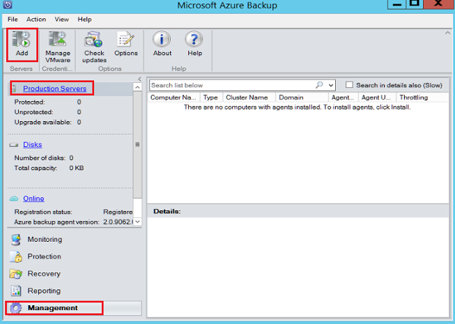 Screenshot showing Microsoft Azure Backup console with the Add button selected.