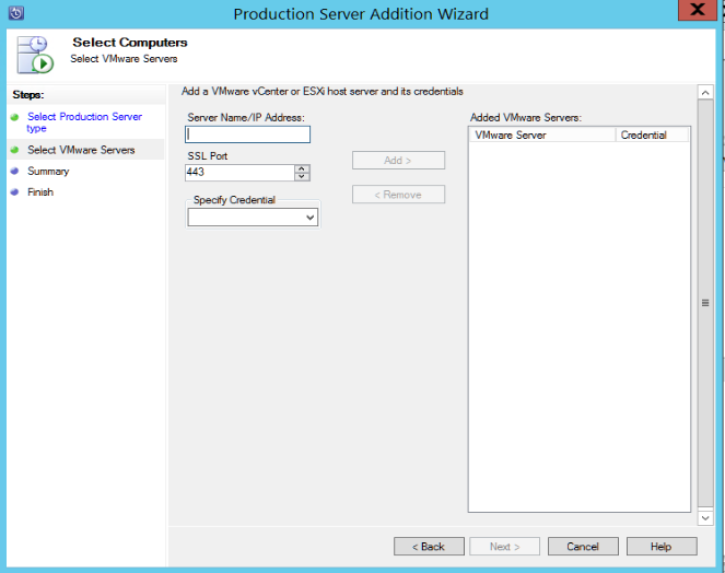 Screenshot showing the Production Server Addition Wizard showing how to add a VMware vCenter Server or ESXi host server and its credentials.
