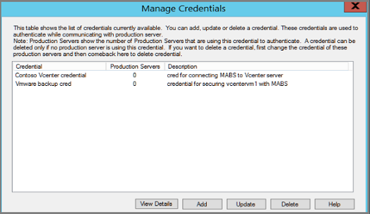 Screenshot showing the Azure Backup Server Manage Credentials dialog box with new credentials displayed.