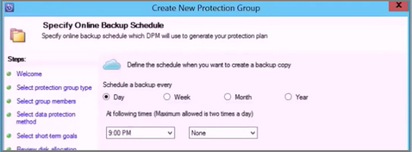 Screenshot showing the Create New Protection Group Wizard to specify online backup schedule which DPN will use to generate your protection plan.