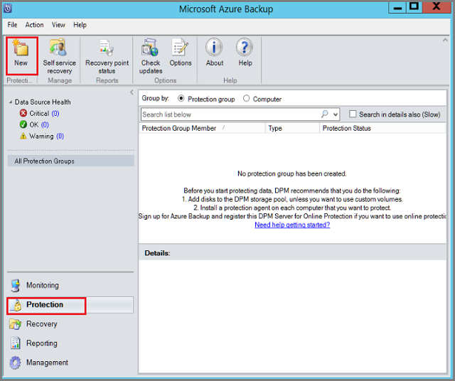 Screenshot shows how to open the Create New Protection Group wizard.