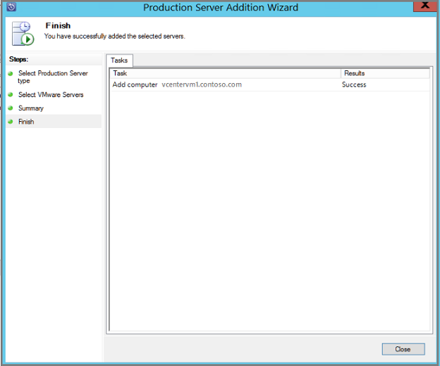 Screenshot showing the Production Server Addition Wizard showing the summary of the VMware vCenter Server and credentials added.