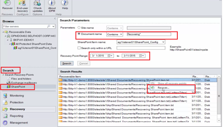 Screenshot showing how to search for SharePoint recovery items using a wildcard-based search.