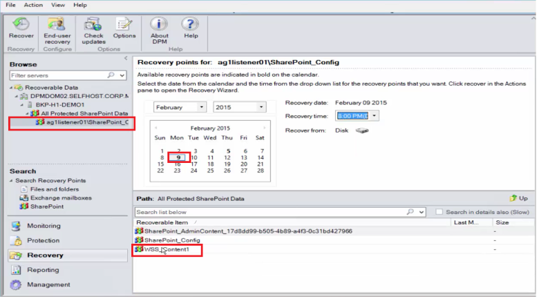 Screenshot shows how to browse through various recovery points and select a database or item for recovery.