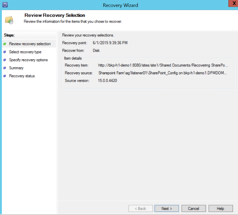 Screenshot showing how to continue with the restore process.