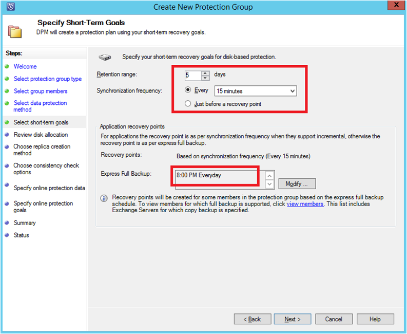 Screenshot shows how to set up short-term goals for backup protection.