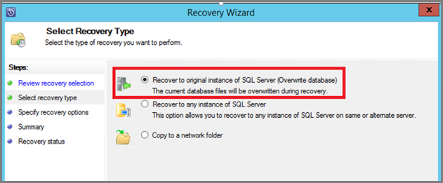 Screenshot shows how to recover a database to its original location.