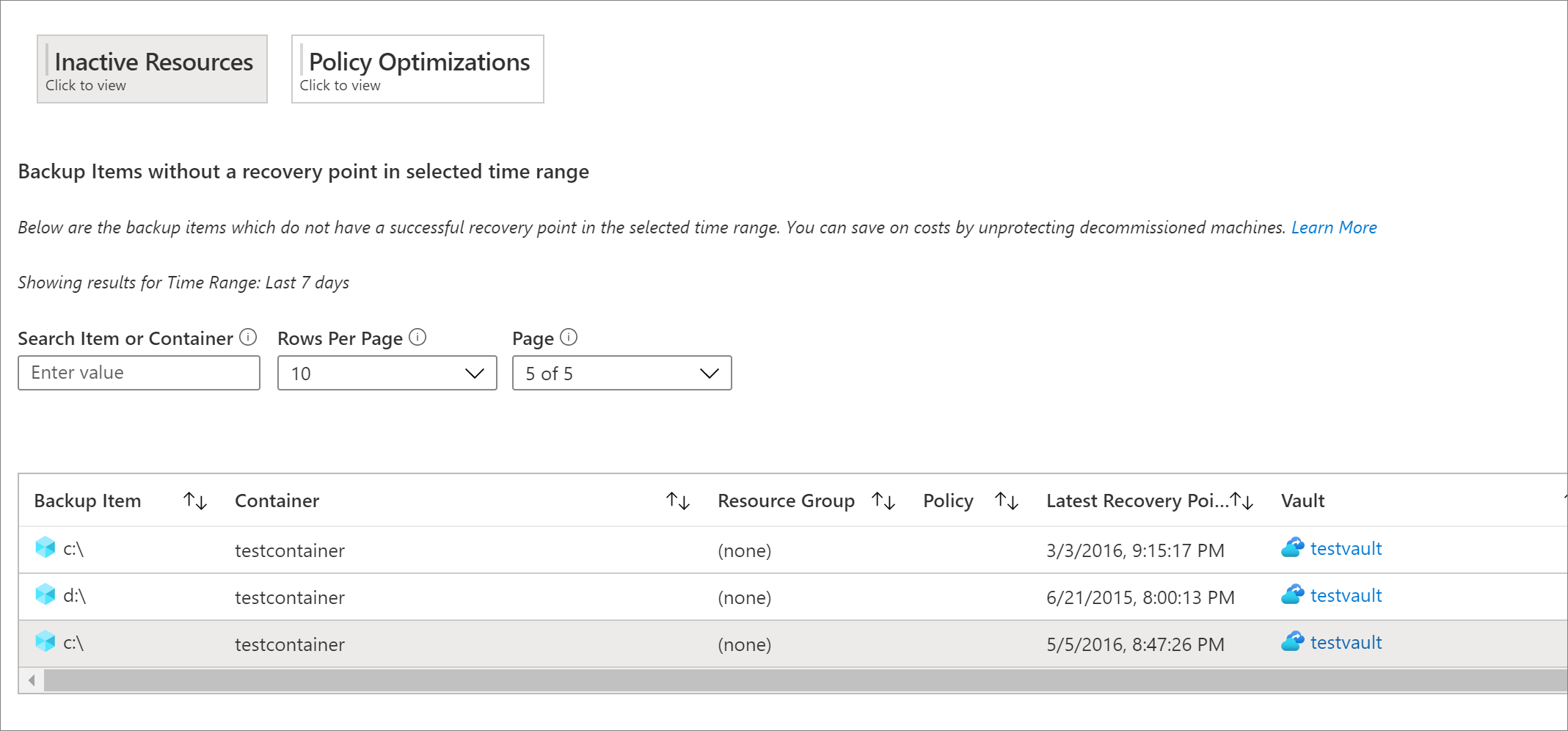 Optimize tab - Inactive Resources