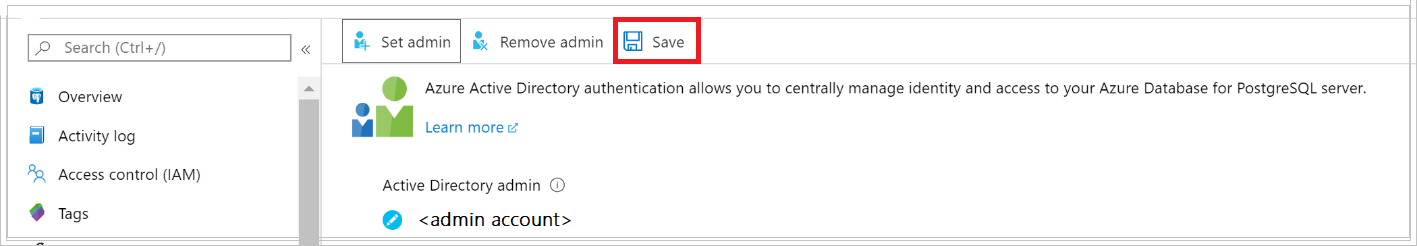 Screenshot showing how to save Active Directory admin user setting.