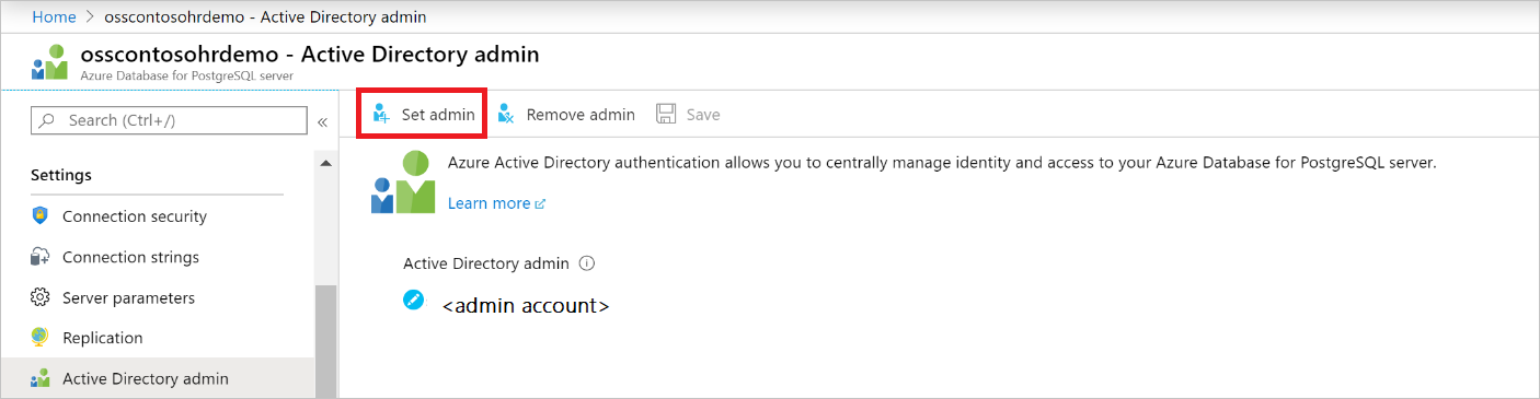 Screenshot showing how to set Active Directory admin.