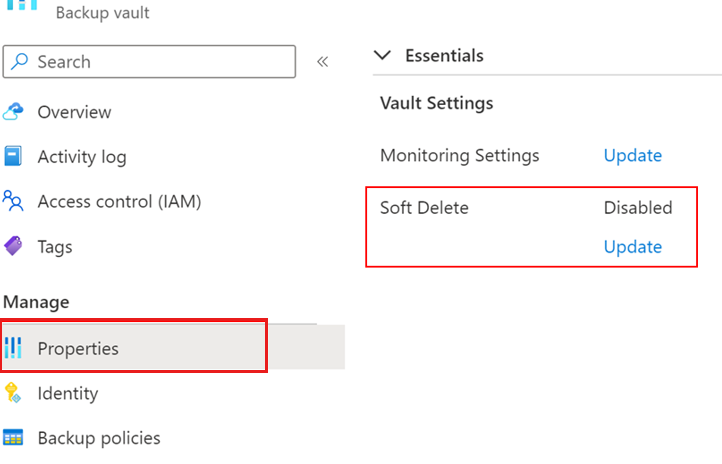 Screenshot showing you how to open soft delete blade for Backup vault.
