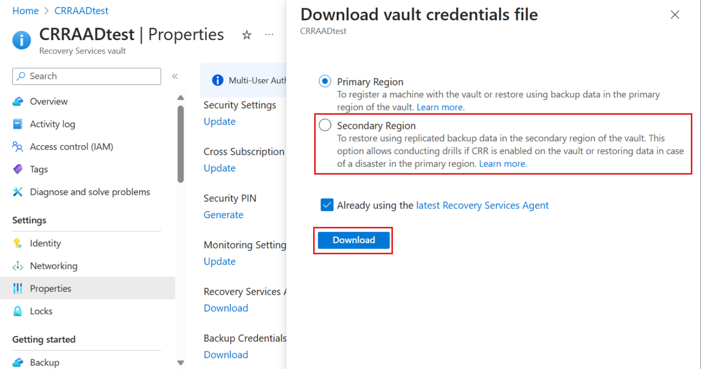 Screenshot shows the Download option for vault credential files in secondary region.