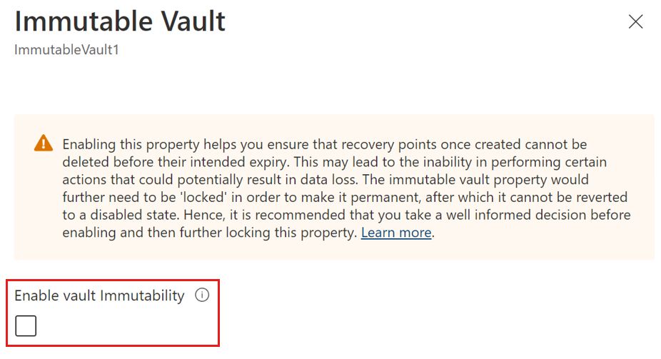 Screenshot showing how to disable the Immutable vault settings for a Backup vault.
