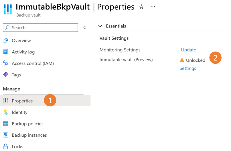 Screenshot showing how to open the Immutable vault settings to disable for a Backup vault.