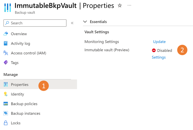 Screenshot showing how to open the Immutable vault settings for a Backup vault.