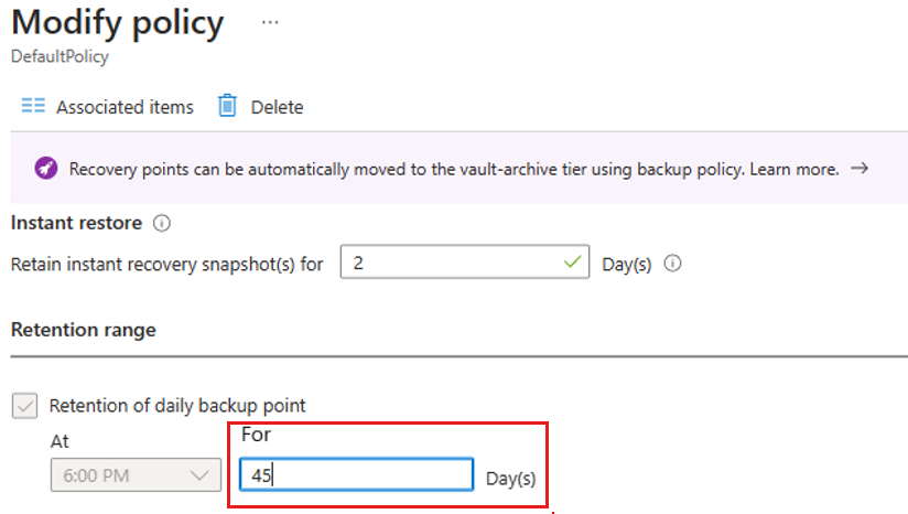 Screenshot shows an error has occurred when you try to increase retention of backup items that are in suspended state.