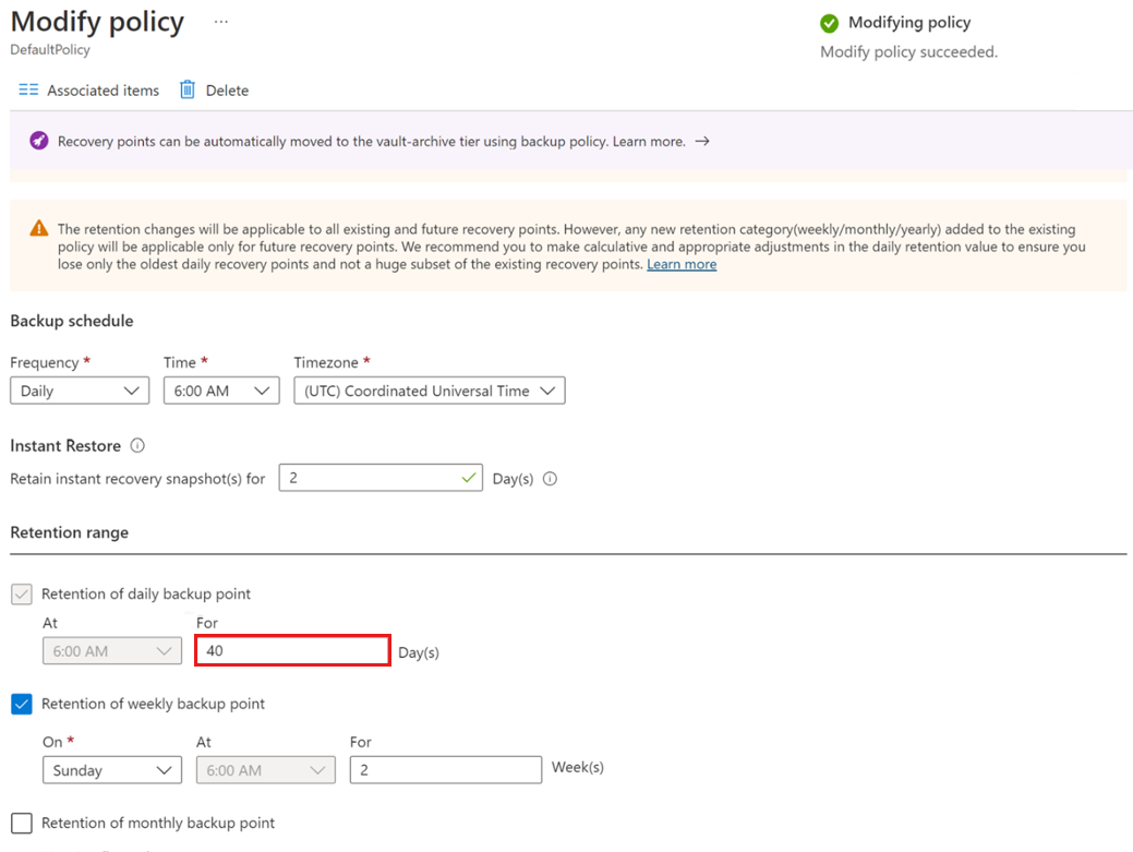 Screenshot showing how to modify backup policy to increase backup retention.