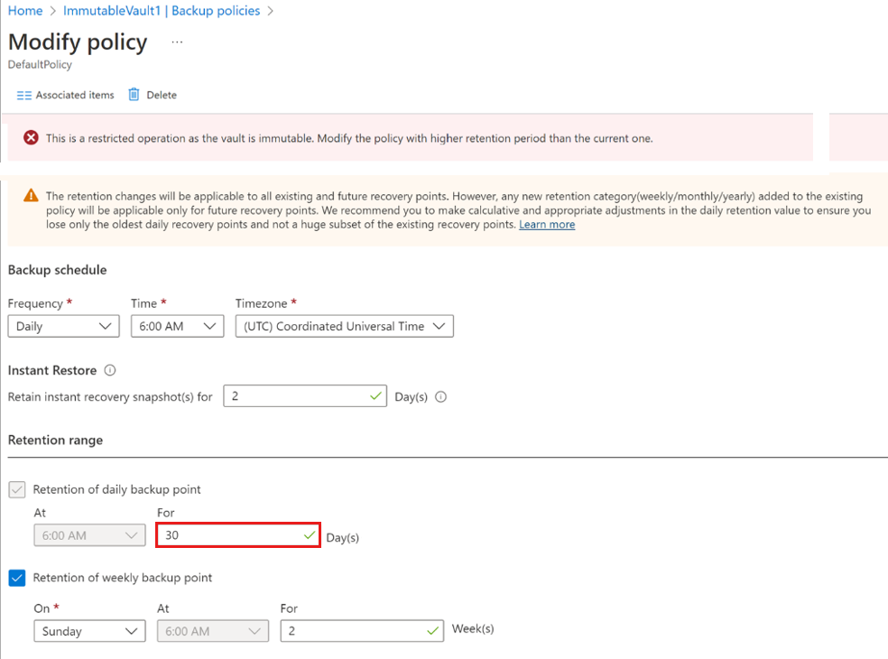 Screenshot showing how to modify backup policy to reduce backup retention.