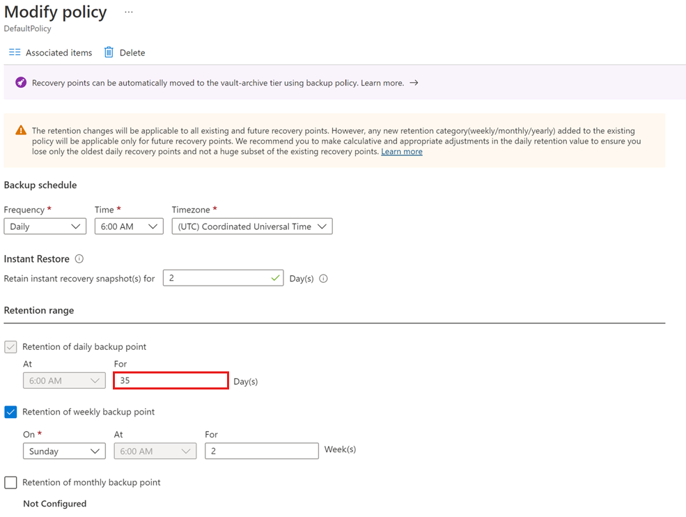 Screenshot showing how to view a backup policy for modification.