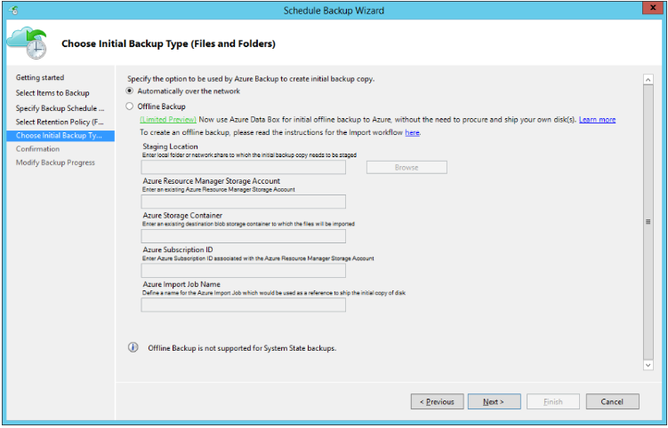 Screenshot shows how to choose an initial backup type.