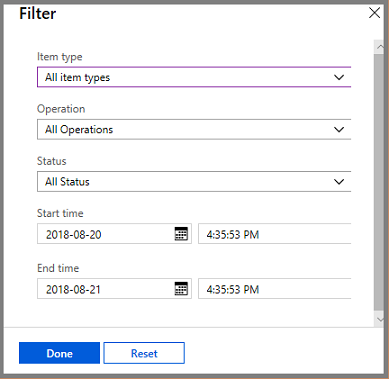 Filter menu opens for backup jobs