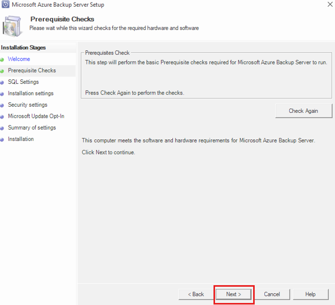 Screenshot shows Azure Backup Server welcome and prerequisites check.