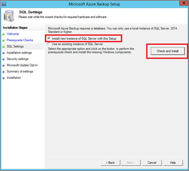 Screenshot showing the SQL settings dialog and the Install new instance of SQL Server with this Setup option selected.