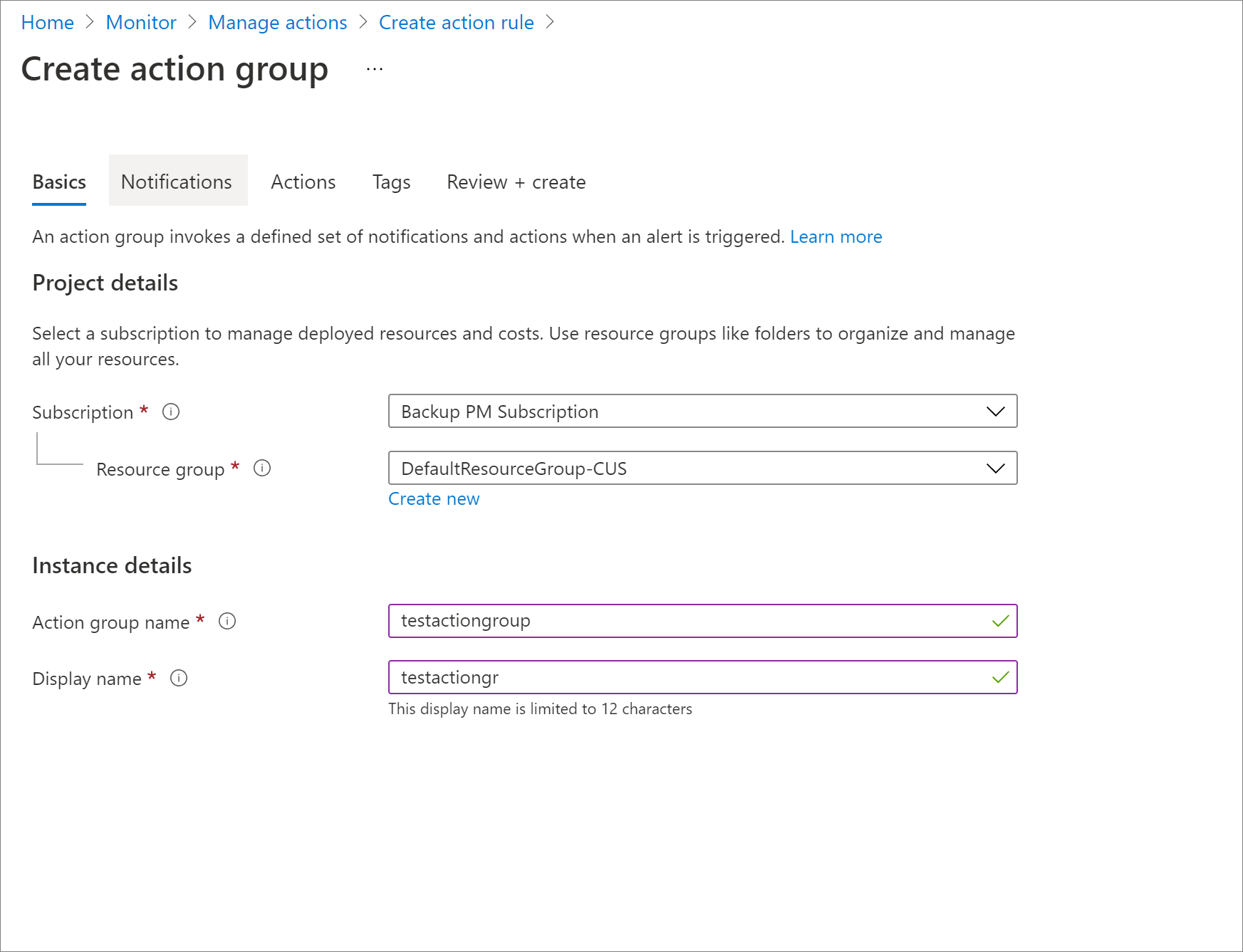 Screenshot for basic properties of action group.