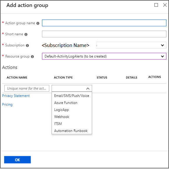 Available notification mechanisms in the "Add action group" window