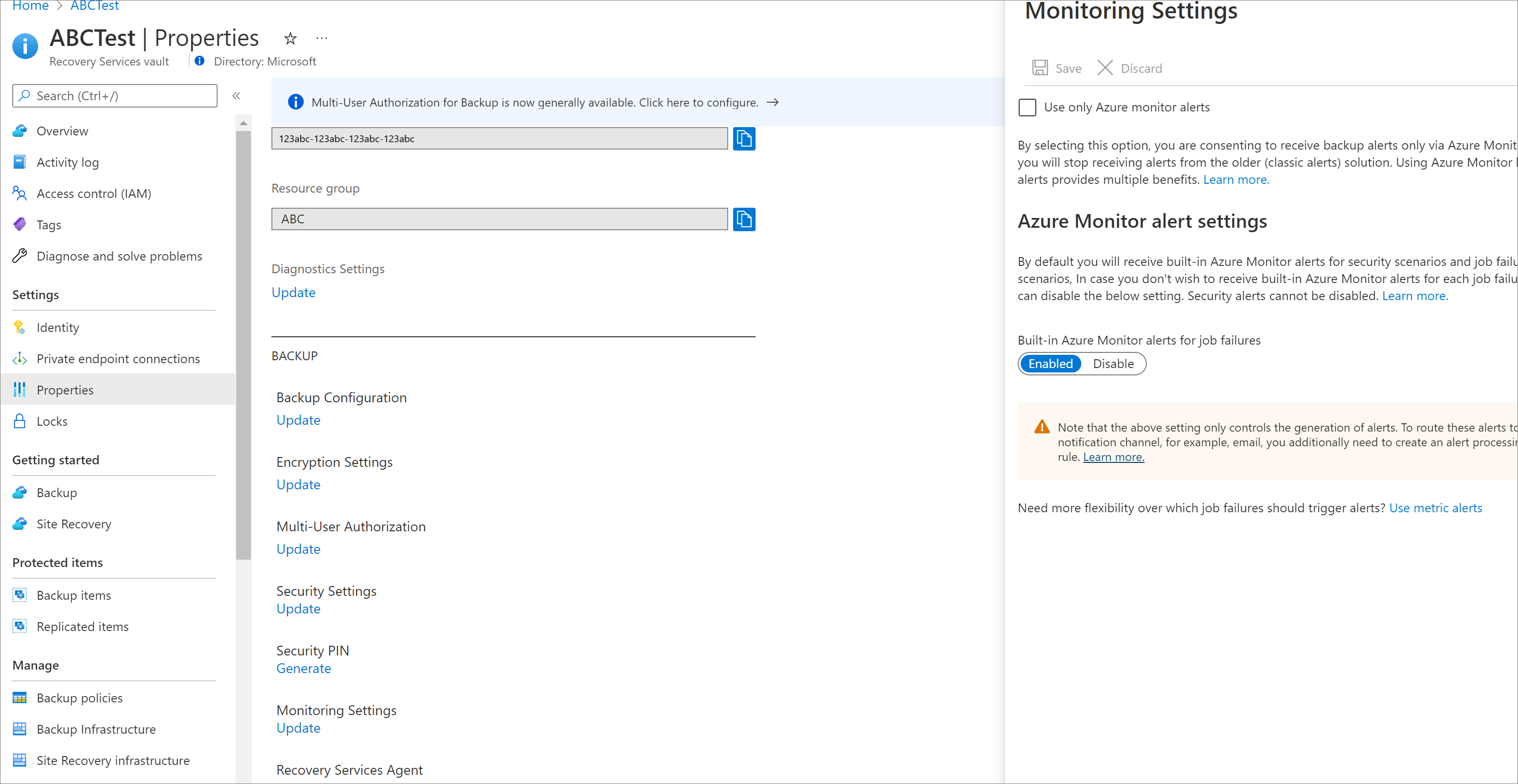 Screenshot showing options to enable or disable built-in Azure Monitoring alerts.