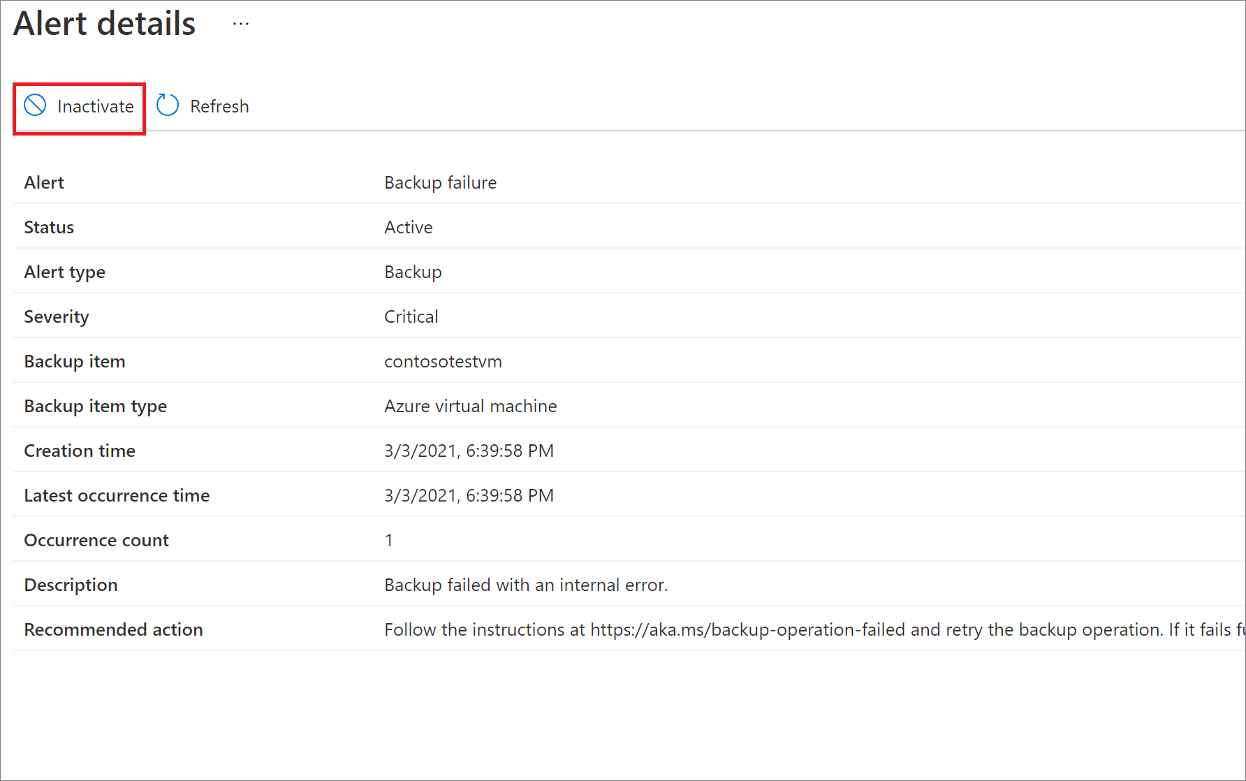 Screenshot showing how to inactivate alerts via Backup center.