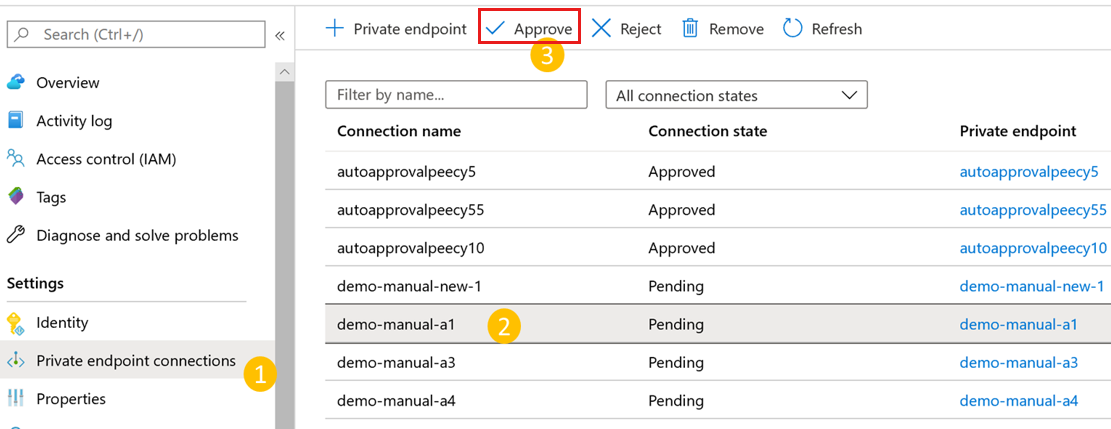 Screenshot showing how to select and approve a private endpoint.