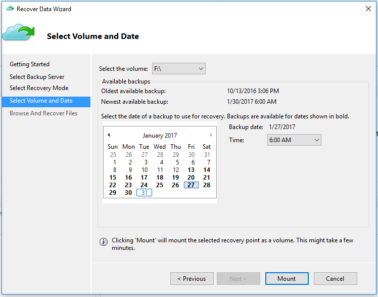 Screenshot of Recover Data Wizard Select Volume and Date page (restore to alternate machine)