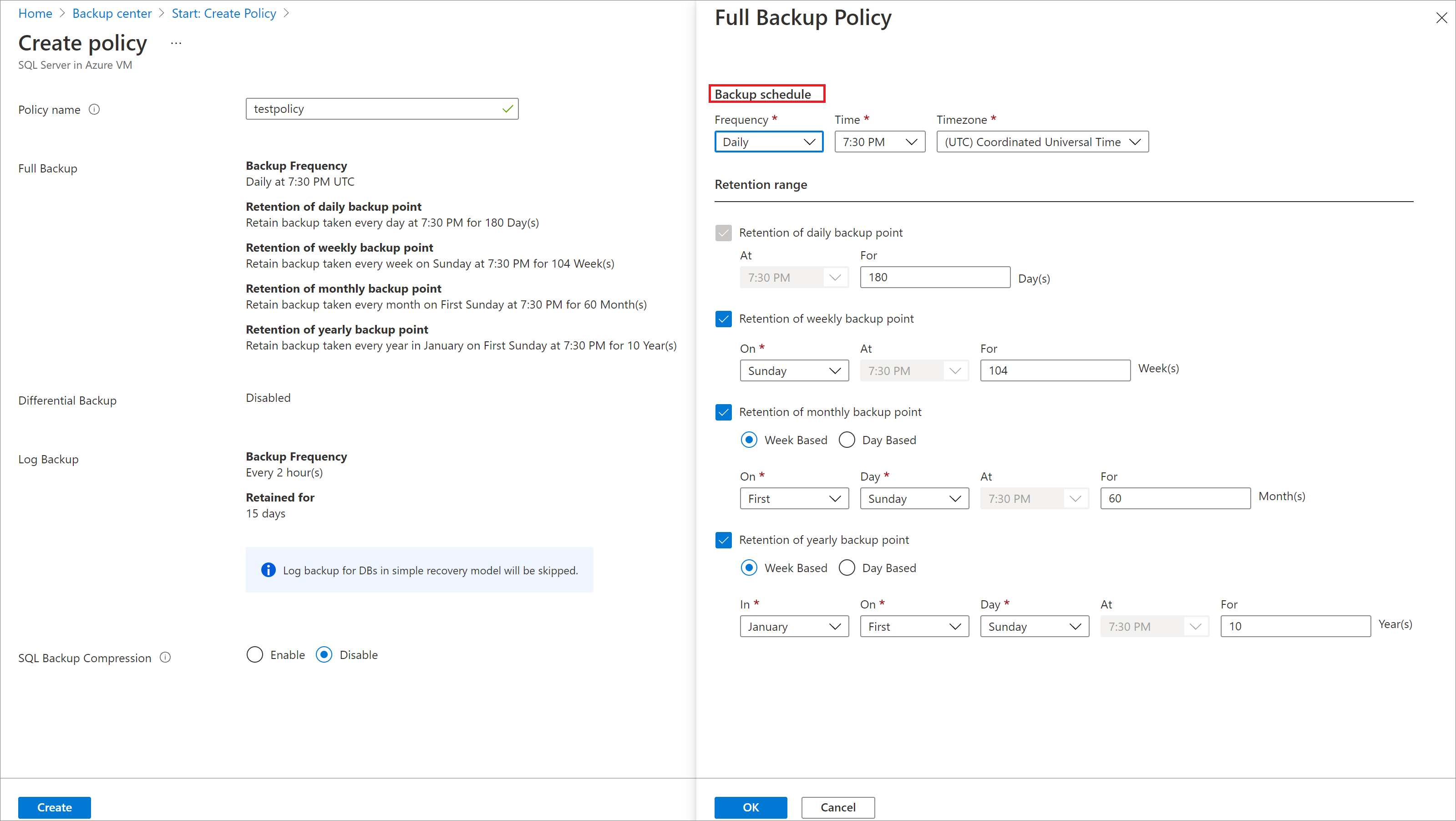 Screenshot showing new backup policy fields.