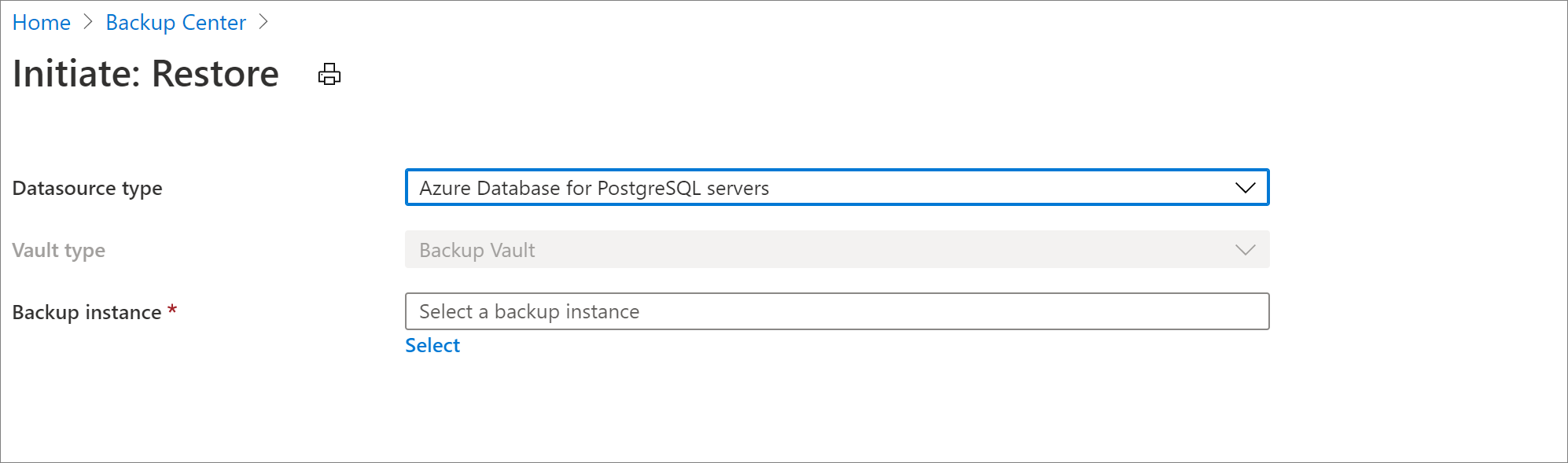 Select datasource for Azure Database for PostgreSQL Server restore