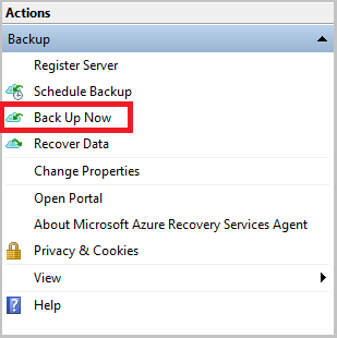 Screenshot shows the Back up now option in Windows Server.