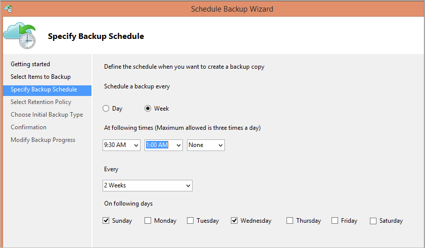 Screenshot shows how to set up a weekly backup schedule.