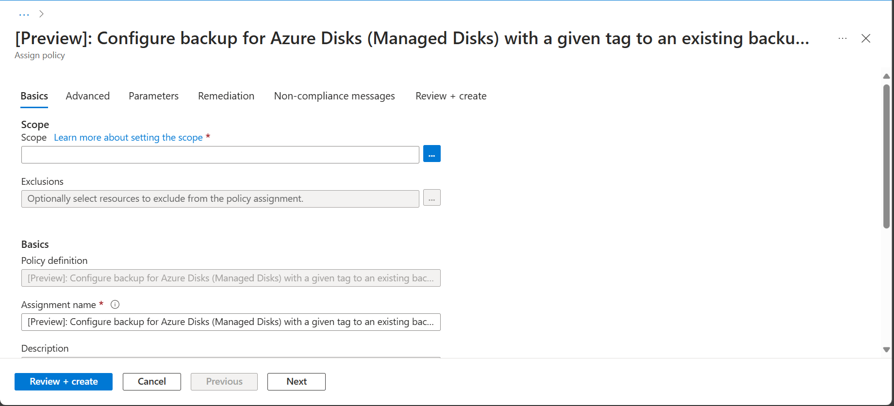Screenshot showing the Policy Assignment Basics tab.