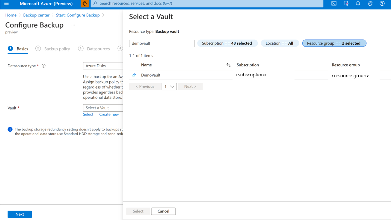Screenshot showing the process to select a Backup vault.