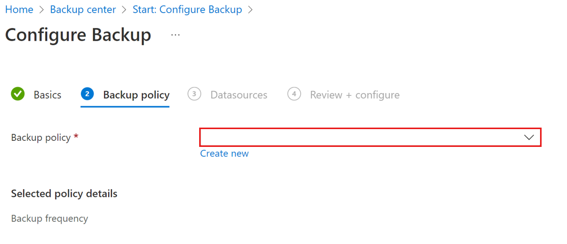 Screenshot shows how to select policy for vaulted blob backup.